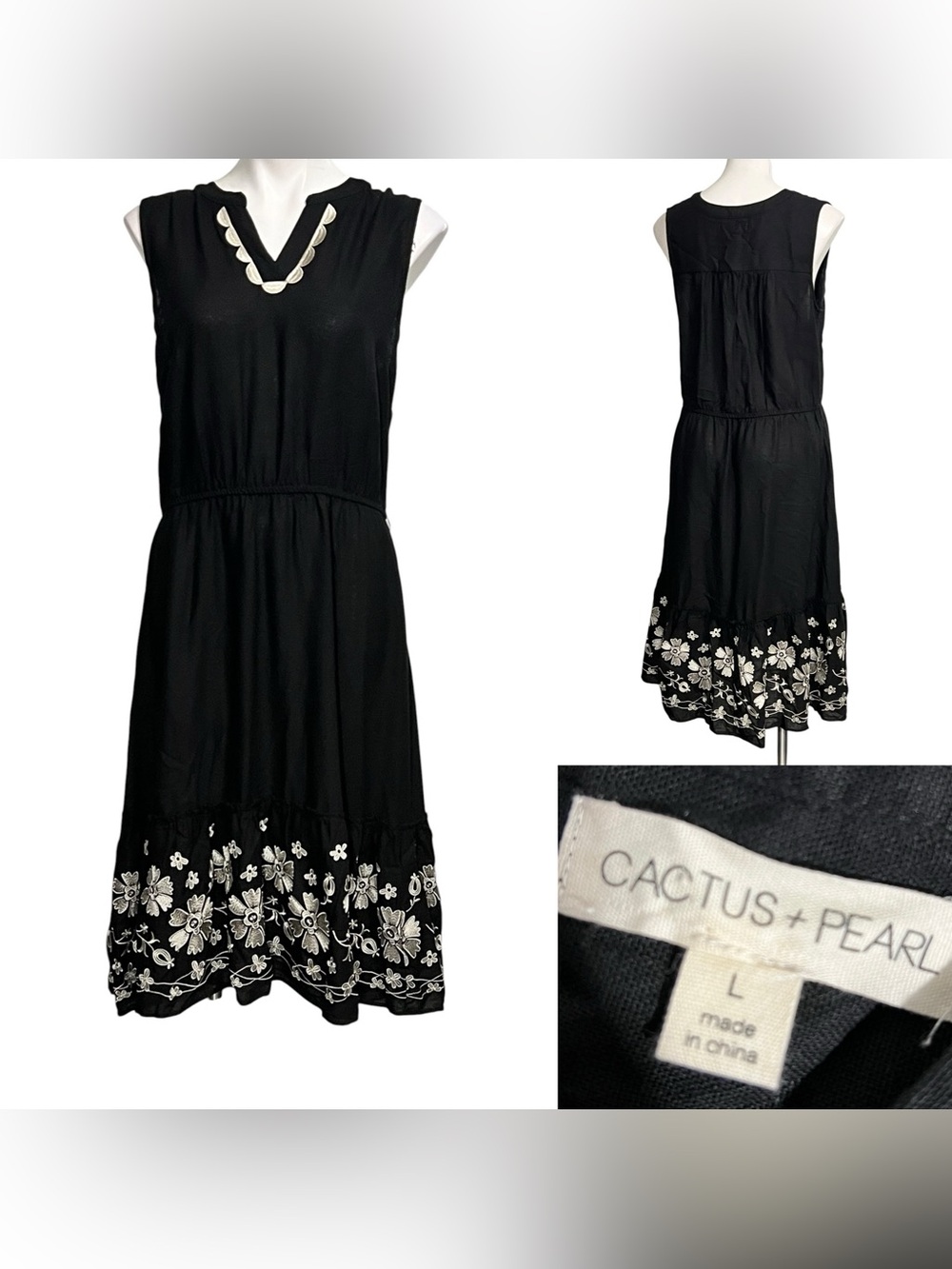 Cactus+Pearl dress‎ sz L Black Sleeveless Embroidered Hem linen blend casual